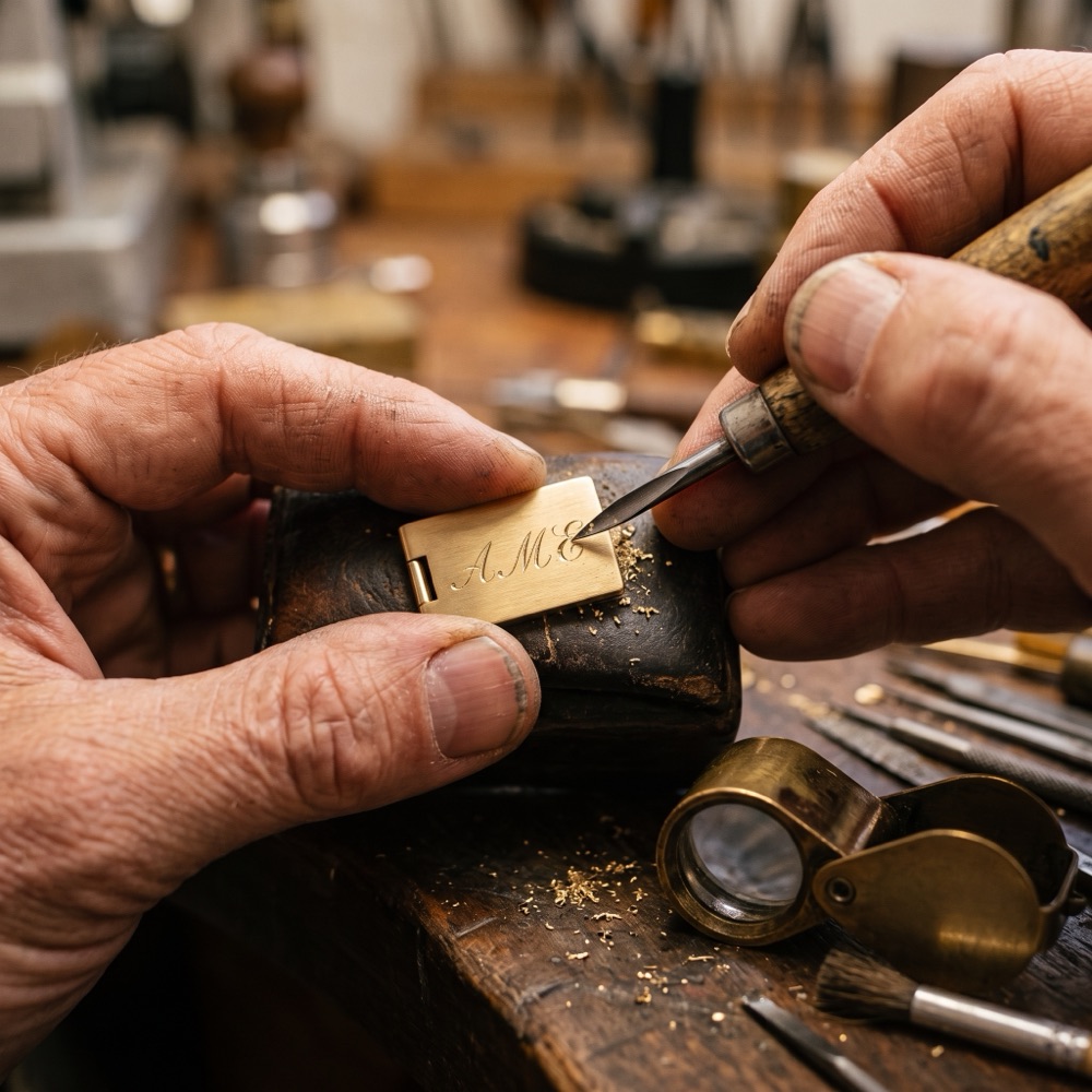 close macro of a jeweler hand-engraving letters into a small gold clasp plate with a fine tool
